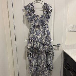 LoveShackFancy Blue and White High Low Ruffle Dress
